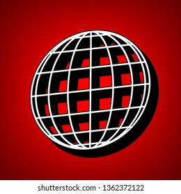 Globe sign illustration. 7 parallels and 7 meridian. Vector. Perspective view of white icon with black outline at reddish background.