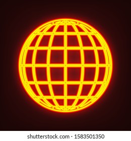 Globe sign illustration. 7 parallels and 7 meridian. Yellow, orange, red neon icon at dark reddish background. Illumination. Illustration.