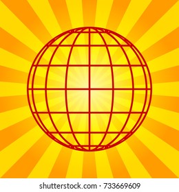 Globe sign illustration. 7 parallels and 7 meridian Vector. Dark red linear icon on yellowish rays as background.