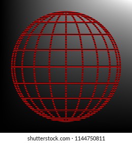 Globe sign illustration. 9 parallels and 9 meridian. Vector. Striped red and black icon at gradient blackish background. Zebra.