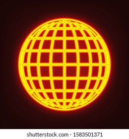 Globe sign illustration. 9 parallels and 9 meridian. Yellow, orange, red neon icon at dark reddish background. Illumination. Illustration.