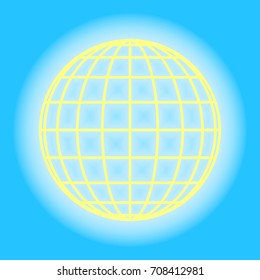 Globe sign illustration. 9 parallels and 9 meridian Vector. Yellow sunny shining icon on sky blue background.