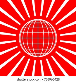 Globe sign illustration. 9 parallels and 9 meridian. Vector. White icon on red sun with rays as background. Isolated.