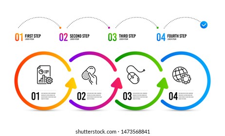 Globe sign. Infographics timeline. Capsule pill, Report and Computer mouse line icons set. Medicine drugs, Presentation document, Pc device. Internet settings. Science set. Capsule pill icon. Vector