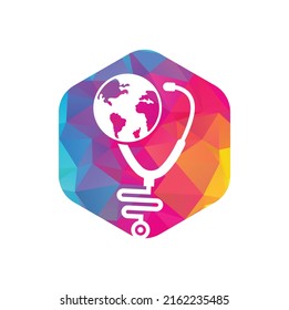 Globe sign and stethoscope doctor vector logo. Stethoscope globe logo design vector. World Medical Logo Template Design.