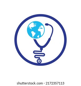 Globe sign and stethoscope doctor vector logo. Stethoscope globe logo design vector. World Medical Logo Template Design.