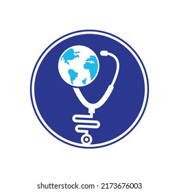 Globe sign and stethoscope doctor vector logo. Stethoscope globe logo design vector. World Medical Logo Template Design.