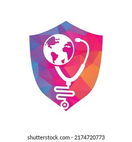 Globe sign and stethoscope doctor vector logo. Stethoscope globe logo design vector. World Medical Logo Template Design.