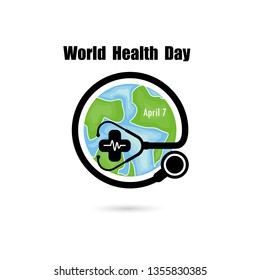 Globe sign and stethoscope vector logo design template.World Health Day icon.World Health Day idea campaign concept for greeting card and poster.Vector illustration