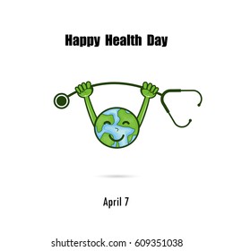 Globe sign & stethoscope vector logo design.World Health Day icon.World Health Day cartoon mascot character.World Health Day idea campaign concept for greeting card & poster.Vector illustration