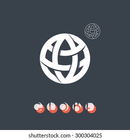 Globe sign, symbol of the Earth global process, logo with its simple outline form. Brand identity symbol. Trendy mono crossed line logo, logotype, icon. Used here typeset is in portfolio as a whole. 