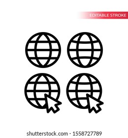 Globe, sign for website with mouse arrow thin line icon set. Click on website symbol, editable stroke.