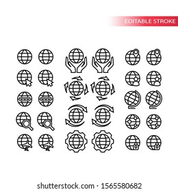 Globe, sign for website thin line vector icon set. Editable stroke.