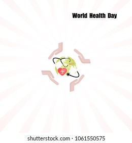 Globe sign,human hand and stethoscope vector logo design template.World Health Day icon.World Health Day idea campaign concept for greeting card and poster.Vector illustration