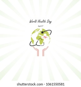 Globe sign,human hand and stethoscope vector logo design template.World Health Day icon.World Health Day idea campaign concept for greeting card and poster.Vector illustration