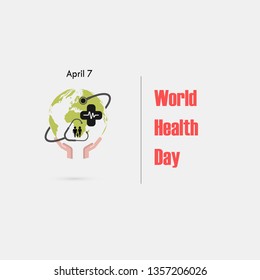 Globe sign,human hand and stethoscope vector logo design template.World Health Day icon.World Health Day idea campaign concept.Vector illustration