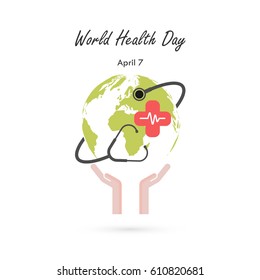 Globe sign,human hand and stethoscope vector logo design template.World Health Day icon.World Health Day idea campaign concept for greeting card and poster.Vector illustration