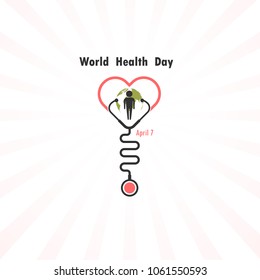 Globe sign,human icon and stethoscope icon with heart shape vector logo design template.World Health Day icon.World Health Day idea campaign concept for greeting card and poster.Vector illustration