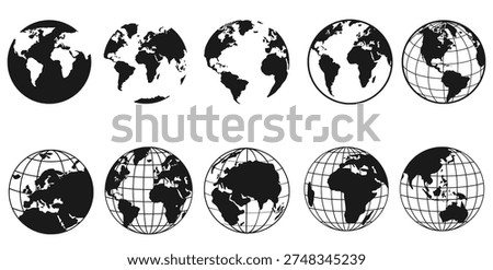 Globe silhouette icon set in vector style showing Earth views, continents, and longitude‑latitude grid designs for geography, education, and creative templates. EPS Vector.
