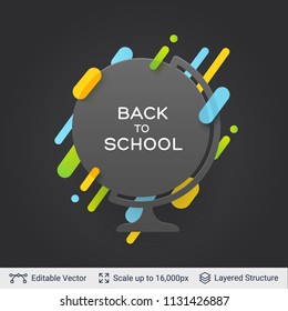 Globe silhouette and text. Back to school badge sticker with bright stripes.