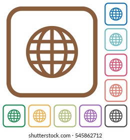 Globe simple icons in color rounded square frames on white background