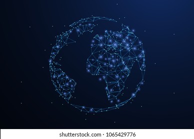 Globe. Simple polygonal wireframe mesh looks like constellation on blue night sky with dots and stars. Transport, internet, global or other concept illustration or background