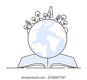 Globe sits on an open book with growth icons sprouting from the Earth. Ideal for education, global learning, environmental studies, knowledge expansion, and sustainability. Simple line art.