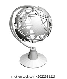 A globe is sitting on a stand. The globe is white and has a black and white design