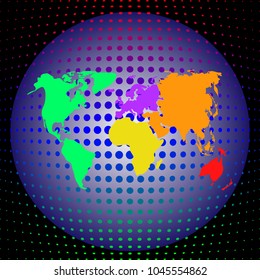 Globe with six continents on a deep dark background. Symbolic colors for every Continent. Vector illustration.