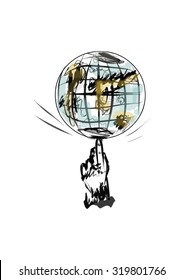 Globe in sketch style balanced on a finger