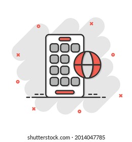 Globe smartphone icon in comic style. Mobile phone location cartoon vector illustration on white isolated background. Destination splash effect business concept.
