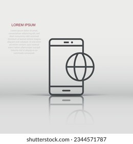 Globe smartphone icon in flat style. Mobile phone location vector illustration on white isolated background. Destination business concept.