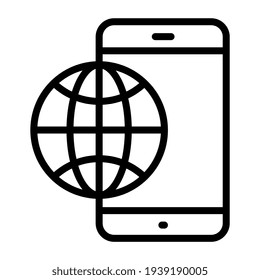 Globo con smartphone, diseño lineal del icono del navegador móvil