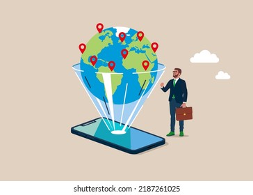 Globe from smartphone screen flat style. Modern gadget. World in phone. Innovative technologies and development concept. 