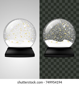 Globe with snow and falling golden confetti.  Christmas Magic Ball. Mockup of new year sphere, vector illustration