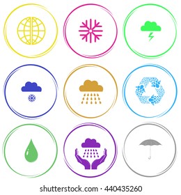 globe, snowflake, thunderstorm, snowfall, rain, recycle symbol, drop, weather in hands, umbrella. Weather set. Internet button. Vector icons.