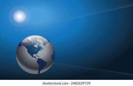 Globus und Sonnenlicht flare auf schwarzblauem Hintergrund. Technologie- und Astronomiekonzept für Vorlage, Banner, Broschüre, Flyer, Web.