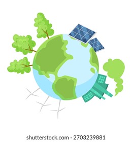 Globe with solar panels, wind turbines, trees and polluting factory on white background. Concept of environmental impact. Vector illustration