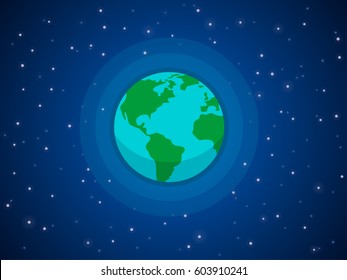 Globe in space. Stars around the planet of the earth against the backdrop of deep space. Vector illustration