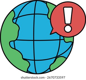 Un globo terráqueo con una burbuja de discurso encima que dice "exclamación". El globo es blanco y negro