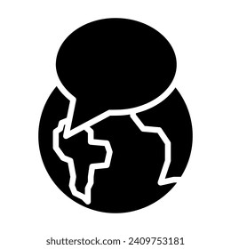 Globe with speech bubble black glyph icon. International communication. Worldwide social network. Wireless connection. Silhouette symbol on white space. Solid pictogram. Vector isolated illustration