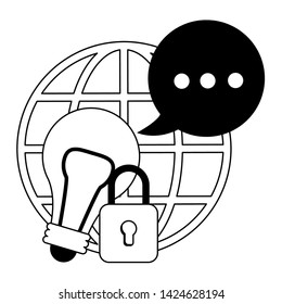 globe, speech bubble, light bulb and padlock icon cartoon vector illustration graphic design