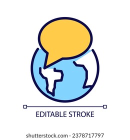Globe with speech bubble pixel perfect RGB color icon. International communication. Wireless connection. Isolated vector illustration. Simple filled line drawing. Editable stroke. Arial font used