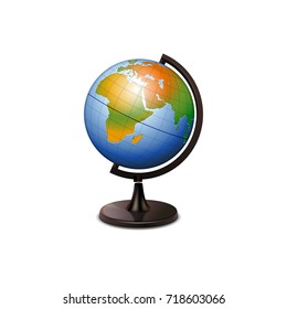 Globe sphere colorful mockup, earth realistic icon, school related object vector illustration isolated on white background, 3d isometric design, geographical object