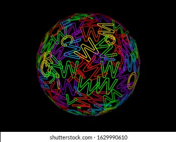 Globe or sphere made of random colored letters of English alphabet. Abstract visualization of digital education and communication technology. Learning English online background. Vector illustration.