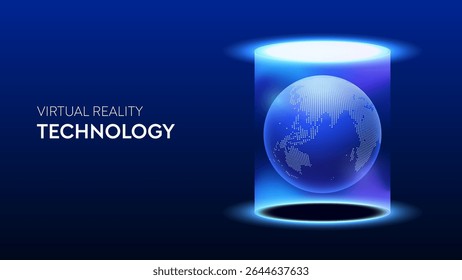 Esfera globular com mapa flutuando entre teleporte buraco worm ou holograma de pódio representando a globalização da realidade virtual ou VR, AR vetor futurista fundo abstrato. Tecnologia de ficção científica