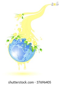 globe with splashes of yellow paint and flowers of daffodil