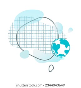 Globe, spots and shapes, checkered texture, line. School illustration in blue shades. Frame, place for placing a photo, text, logo, etc. Clipart. Isolated element.	 