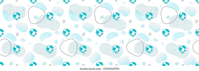 Globe, spots and shapes, checkered texture, line. School illustration in blue shades. Transparent template, place for placing a photo, text, logo, etc.  