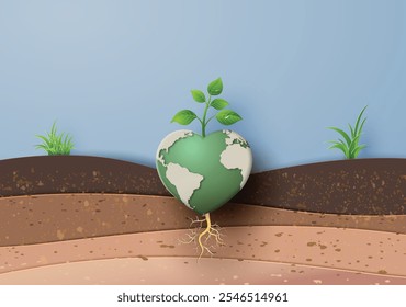 A globe sprouting from layered soil in paper-cut style, symbolizing environmental protection and sustainable farming. Perfect for World Soil Day.